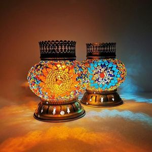 Lâmpadas de mesa Marrocos Mosaico Turkish Lâmpada feita à mão Bateria de quarto de vidro operado e interruptor LED sem fio Night333p