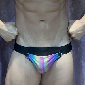 Jockmail Jockstrap Erkek Bikini Kısa Seksi Eşcinsel Erkekler İç çamaşırı Tanga G dizeleri Çıkarılabilir Gökkuşağı Yansıtıcı Pu Deri Koşusu