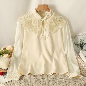 Kvinnors blusar hikigawa spets lapptäcke chic modeblus avskaffar krage vintage broderi elegant skjorta alla matchar blusa topp mujer de de