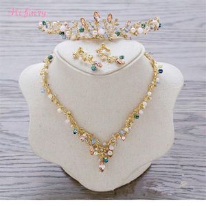 Vintage Baroque Bridal Tiaras Sets Gold Colorful Crystals Princess Headwear Stunning Wedding Tiaras Earrings 2 Pieces Sets 13 5 3 236C