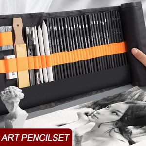 鉛筆27/38/47ピーススケッチペンシルセットロールアップキャンバスペンバッグアートドローイング絵画炭を練った練り式消しゴムスケッチキット231212