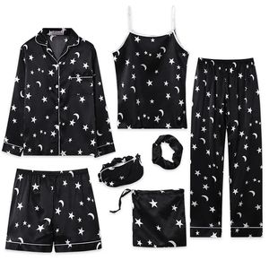 Pijama sexy Pijamas Primavera Verano Ropa de dormir Conjunto para estampado de estrellas Satén Manga larga corta Top Pantalones de cintura elástica Salón 231211