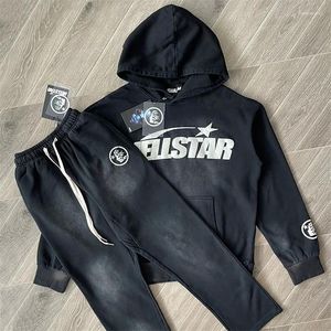 Hoodies masculinos Hellstar Mens Vintage Wash Black Distressed Print Ternos Grosso Algodão Casal Calças com Capuz