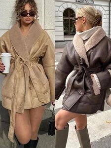 Jaquetas femininas soltas jaqueta de couro de inverno mulheres vintage lapela faux lã cinto casaco engrossar quente oversize highstreet outwear top