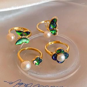 Cluster Rings Real Gold Plated Zircon Abalone Shell Butterfly Flower Pearl Opening Ring