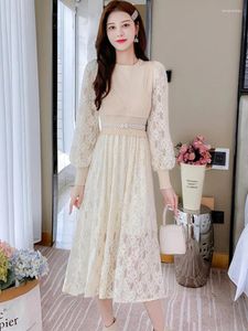 Casual Dresses Female White Lace Hook Flower Hollow Long Dress Autumn Winter Patchwork Knitted 2023 Korean Luxury Elegant Evening