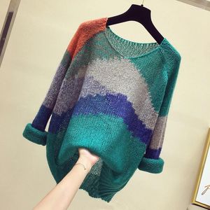 Kvinnors tröjor Fashion Lightweight Sticked Women Sweater Pullovers Autumn Vintage Loose V-Neck Mohair Female Pulls Outwear Coats Tops