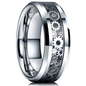Roda de engrenagem cor prata vintage anéis masculinos de aço inoxidável dragão celta preto anel de fibra de carbono incrustado masculino casamento band2056