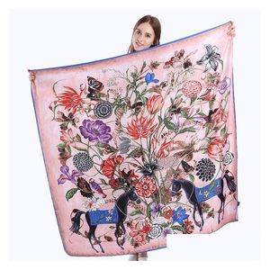Lenços 130cm x 100% sarja lenço de seda mulheres espanha floral cavalo quadrado envolve escritório senhora lenço feminino acessórios de moda gota de dhftc