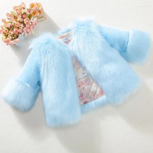 Jackor 2-10 år Little Girls Winter Faux Fur Jacket Rockar Tjock varm fuzzy ytterkläder Fashion Barn Barn rosa svartgrå utkläder