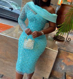 2024 ASO EBI Arabic Sky Blue Pochwa Mother of the Bride sukienki cekinowe koronkowe wieczór na bal maturalne przyjęcie urodzinowe celebrytka matka haluns sukienka ZJ049