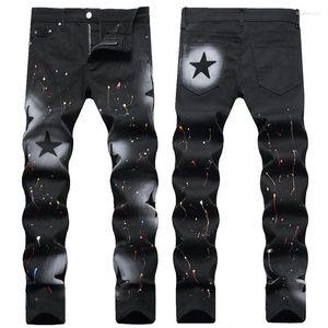 Jeans masculinos homens preto colorido pintura estiramento high street estrela impressão magro elástico magro denim calças lápis