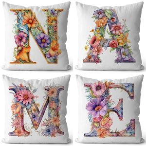 Kudde Nordic Floral 26 Letters Mönster Dekorativ kudde Customizable Namn Engelska Alfabetet Square Cushion Cover Home Decor Gift 231212