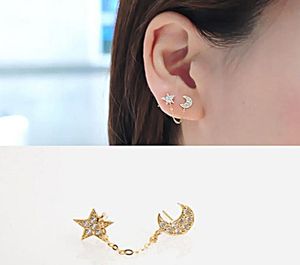 Stud 2st Personlighet Vintage Två piercing på en sidokedja Crystal Rhinestone Moon Star Ear Cuff för dubbelhålörhängen smycken6621767