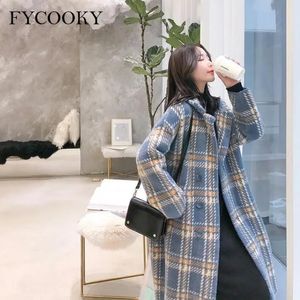 Misturas de lã feminina Vinage xadrez lã mistura casaco mulheres outono inverno coreano solto grosso longo camisola de malha jaquetas oversized S-3XL 231211