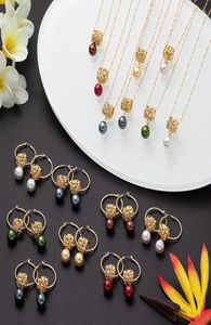イヤリングネックレスCRING COCO PINK COLOR PEARL Trendy Jewelry Sets Hawaiian Polynesian Frangipani Pendant Necklaces Hoopセット1824925