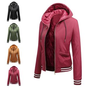 レディースジャケット秋と冬のフード付きジャケットの女性が厚くなったゆるいジッパーポケットストライプコート4色ファッション野球アウトウェア231212
