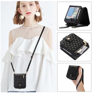 Samsung Galaxy Z Flip 5 4 3 Flip4 Flip5 5G Cards Holder Zipper Purse Grid Foliding Leather Cover with Long Ranyard StrapとHand Ropeのためのクロスボディウォレット電話ケースケース