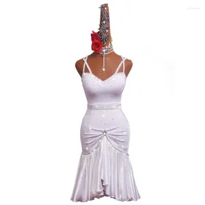 Stage Wear Summer Latin Dance Dress Kobieta wysokiej klasy Rhinestone Fringe White Konkurs Samba Salsa Rumba Show Costume