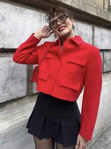 Kadın ceketleri moda büyük cep kısa kırmızı ceket kadınlar gevşek o boyun uzun kollu sonbahar ceket rahat katı ofis bayan sokak giysileri 231211