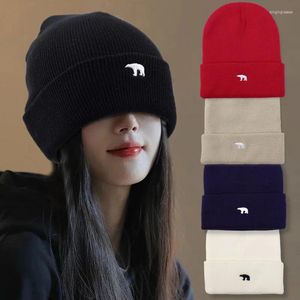 Berets Warm Knitted Wool Beanies Hat Autumn Winter Women Men Bear Embroider Ear Windproof Caps Outdoors Skiing Simple Fashion Soft