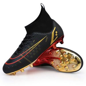 Botas de futebol para crianças e jovens, sapatos de futebol com unhas longas, sapatos de treinamento profissional para homens e mulheres, sola dourada galvanizada