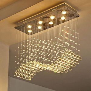 Contemporary Crystal Rectangle Chandelier Lighting Rain Drop Crystals Ceiling Light Fixture Wave Design Flush Mount For Dining Roo277a