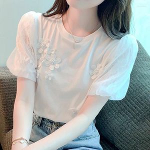 Women's Blouses Summer Short Sleeve White Blouse Woman Round Collar Loose Women Tops Elegant Flower Casual Puff Shirt Clothes 27490