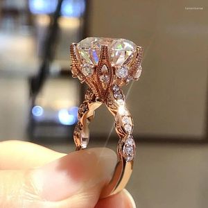 Anéis de casamento Huitan lindo grande redondo zircônia cúbica 4 configuração rosa cor de ouro para mulheres ly-projetado joias modernas