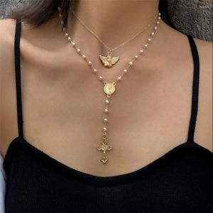 Pendant Necklaces Pearl Y-Shaped Cross Fringe Necklace FOR WOMEN Vintage Angel Geometric Jewelry Accessories TREND PARTY