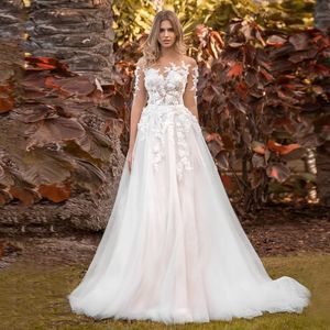 Illusion Fairytale Wedding Dresses For Women 2023 Bride Covered Button A-Line Sweep Train 3D-Floral Appliques Jewel 1/2 Sleeve Mordern