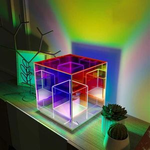 مصابيح الجدول ديكورزيون كوبو لوس notturna rgb atmosfera corlorful Acrilico cubo magico lampada da tavolo ristorante illuminazione314q