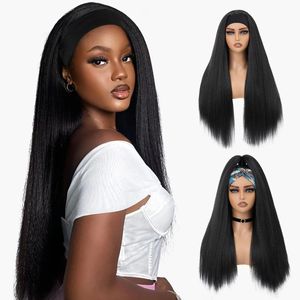 Synthetic Wigs Female Black Long Straight Synthetic Wigs Simulation Fluffy Yaki Straight Headband Wig Full Cover Set 231211