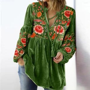 Women's Blouses Plus Size Velvet Tee Top V Neck Tie Front Gathered Floral Vintage Embroideray Lantern Sleeve Lace Up Autumn For Women