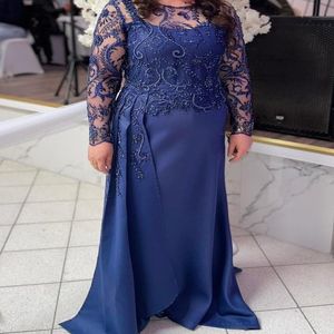 2024 ASO EBI Arabiska marinblå Blue Straight Mother of the Bride Dresses Satin Beaded Lace Evening Prom Formal Party Birthday Celebrity Mother of Groom Gowns Dress ZJ045