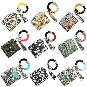 Pulseira de contas de silicone, bolsa para cartões, pu, borla, vaca, estilo ocidental, carteira feminina, leopardo, couro, chaveiro com borla, envio marítimo p185