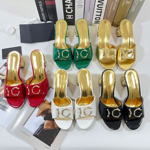 Luxury Designer Women Heeled Patent Leather Fabric Fashion Casual Shoes Upscale Multicolor High-heeled Summer Slippers Classical Metal Lettering