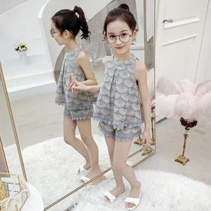 Kleidung Sets Kinder Sommer Dünne Spitze Set 2023 Mädchen Mode Vestcoat Shorts Hosen 2 stücke Anzug Kinder Nette Prinzessin Kleidung p120