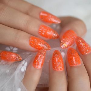 False Nails Holo Laser Silver Glitter Orange Neon Color Fake Stiletto Press On Full Cover Finger Daily Wear 24pcs UV Nail Tip