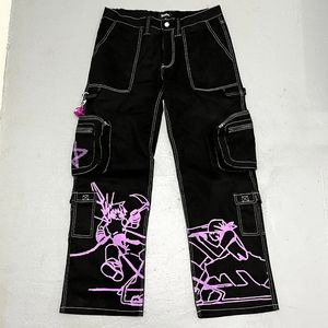 Womens Jeans Y2K baggy ins fashion Harajuku trend jeans men women models printed casual streetwear hip hop black 231212