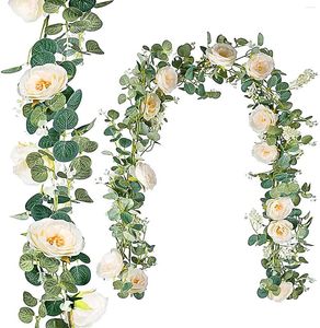 Decorative Flowers Eucalyptus Garland With White Roses Artificial Fake Greenery Floral Vines For Party Wedding Table Decor