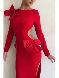 Lässige Kleider Weihnachten Rote Schleife Rückenfreies Kleid Kleid Langarm Hoch Split Side Cut Out 2023 Damen Party Festival Abendroben