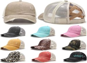 Cappello a coda di cavallo Lavato Mesh Back Leopard Camo Hollow Criss Cross Coda di cavallo Messy Bun Berretto da baseball Ragazze Trucker Hat3478014