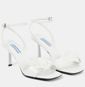 Italy Brand Rosette Leather Sandals Shoes Women High Heels Square Toes Ankle Strap White Black Party Wedding Lady Walking EU35-40