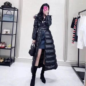 Women's Down Luxury Feather Parka Mujer Women Winter Thick Hooded White Duck Long Jacket Elegant Real Fur Belt Overcoat