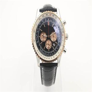 New Style Quartz Watch Chronograph Function Stopwatch Black Dial Gold Fluted Case Leather Belt Silver Skeleton 1884 Navitimer Watc324Q