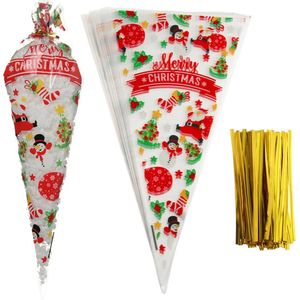 Gift Wrap 100PCS Christmas Snowflake Santa Clear Cone Treat Bags Cellophane Plastic Favor Candy Popcorn Handmade 231212