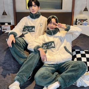 Men's Sleepwear Winter Couple Thicken Flannel Plush Warm For Sleeping Korean Style Cute Cartoon Men Pajama Set Casual Zipper Pijama