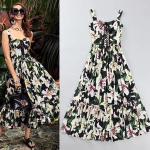 Casual Dresses 2023 Summer European and American Style Sleeveless Strap Chiffon Fragmentered Blossom Mid Length Dress Beach Vacation kjol