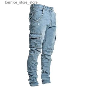 Herr jeans män jeans casual bomulls jeans multi-pocket denim last byxor mode gata jeans sidofickor mäns blyertsbyxor q231213